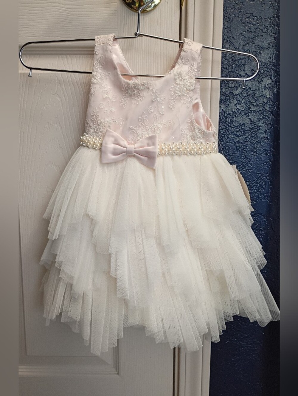 American Princess Pink and White Tulle Tiered Bow Dress